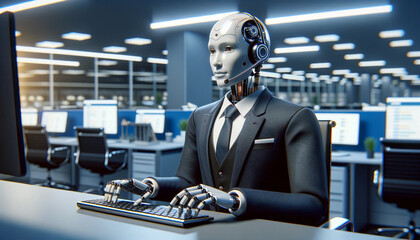 A humanoid robot dressed in a smart suit and tie, positioned at a call center desk wearing a headset