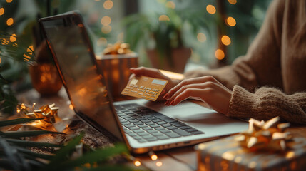 Hand holding credit card over laptop, surrounded by colorful gift boxes, symbolizing secure online shopping, festive gifting, and joyful transactions, shopping credit card.
