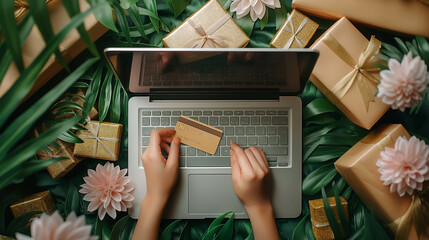 Hand holding credit card over laptop, surrounded by colorful gift boxes, symbolizing secure online shopping, festive gifting, and joyful transactions, shopping credit card. - obrazy, fototapety, plakaty