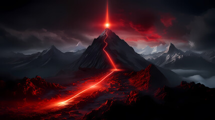 Illustration of magnificent mountain peaks illuminated by brilliant light