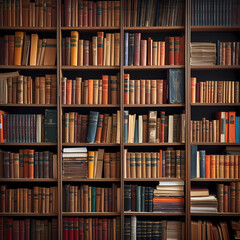 Rows of identical books on a library shelf.