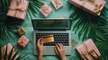online purchasing with a credit card, vibrant gifts around, secure transactions, e-commerce joy, and the magic of giving, shopping credit card - obrazy, fototapety, plakaty