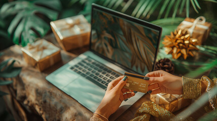 hands conducting online shopping with a credit card, festive gifts galore, highlighting secure e-shopping, joyful giving, and holiday cheer, shopping credit card