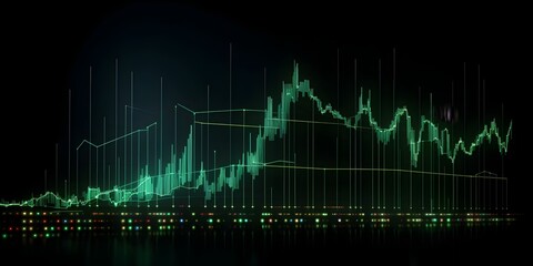 Perspective view of stock market rise and economic growth concept on a green rising digital financial graph and diagram on dark background with stock market indicators
