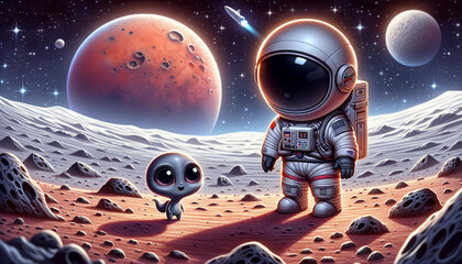 An astronaut on the moon surface, discovering a tiny and cute grey extraterrestrial alien being with a tail
