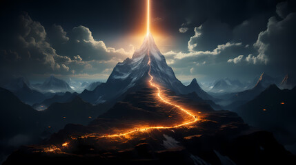 Illustration of magnificent mountain peaks illuminated by brilliant light
