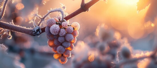 A cluster of grapes dangles from a leafless vine in the winter sunset, the frost coating the fruit glistening in the fading light.