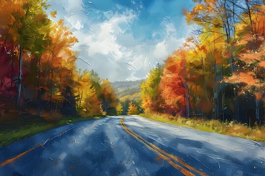 Colorful Digital Art Road in Autumn Woods