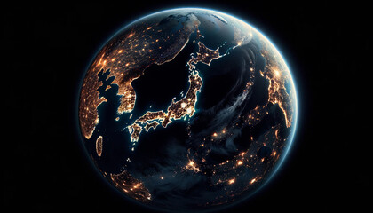 The Earth from space at night, capturing the entire globe in a single frame, with Japan prominently featured. - obrazy, fototapety, plakaty