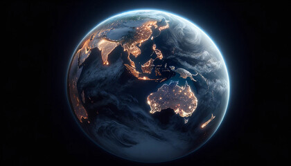 he Earth from space at night, presenting the entire planet with Australia prominently at the center