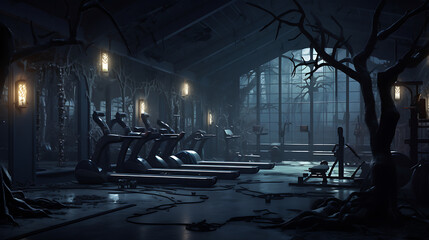 A gym layout for a haunted forest fitness center, with spooky workouts and eerie forest decor.
