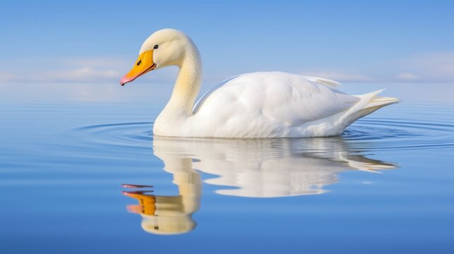 White pekin duck on still calm lake with reflection