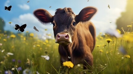 Young calf in the pasture with green grass on a summer day with many flies around its eyes - obrazy, fototapety, plakaty