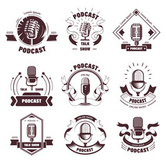 Podcasts symbols and emblems with vintage mic