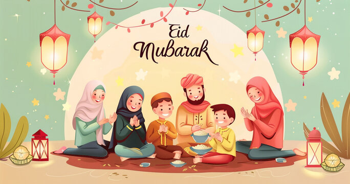 Happy family greeting and celebrating eid