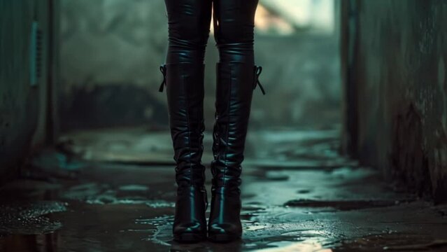 women&rsquo;s black leather knee high tall boots in the alley, fashion and footwear concept Generative AI