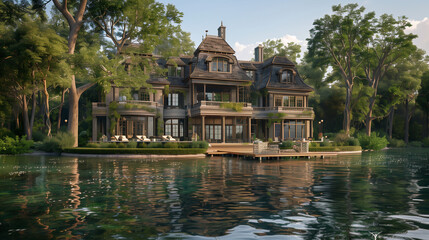 A waterfront big house with a boathouse garage, offering direct access to the water. - obrazy, fototapety, plakaty