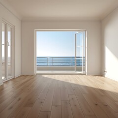Fototapeta premium Empty room with sea view and sunlight