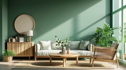 Modern living room mint color sofa near houseplant at a round wooden coffee table in a room with armchair and cabinet near green wall. Scandinavian mid-century home interior design
