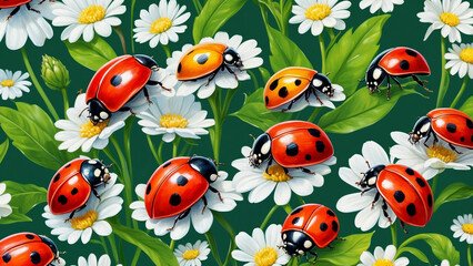 Ladybugs form a colorful cluster on the white flower as if they are having a small gathering amidst the vibrant meadow background and their vibrant hues create a striking contrast with the lush green  - obrazy, fototapety, plakaty