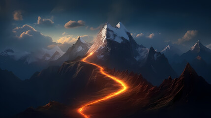 Road to success concept, glowing light road up the mountain