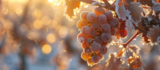 A cluster of frozen berries, covered in frost, hangs from the branches of a tree during sunset, capturing the beauty of winter in a vineyard.