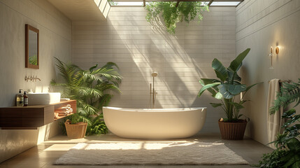 Airy bathroom with a freestanding bathtub, bathed in natural light from a skylight.