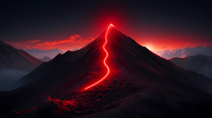 Road to success concept, glowing light road up the mountain