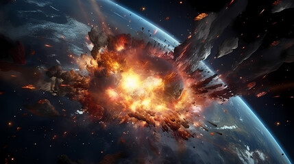 Big explosion with fire and debris in space with Earth as background