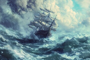 Pirate Ship Battling Stormy Seas - obrazy, fototapety, plakaty