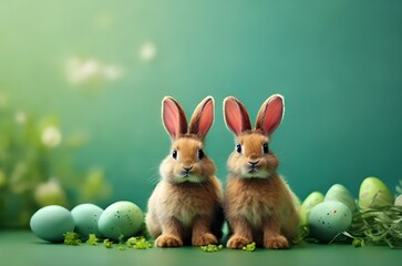 Fototapeta na wymiar Happy Easter cute Easter bunnies in green fresh background with copy space for greeting cards, web banner, spring backdrops. Pascha or Resurrection Sunday. Christian festival and cultural holiday