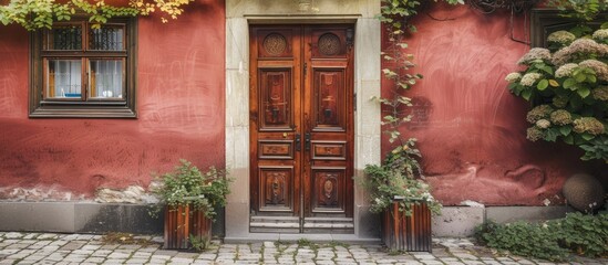 A red building featuring a wooden door and window. The door is crafted from beautiful old burgundy wood, showcasing exquisite craftsmanship and elegance.