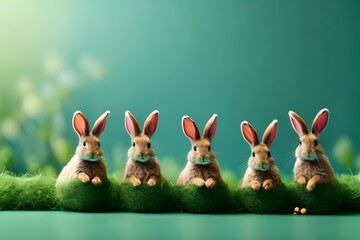 Happy Easter cute Easter bunnies in green fresh background with copy space for greeting cards, web banner, spring backdrops. Pascha or Resurrection Sunday. Christian festival and cultural holiday