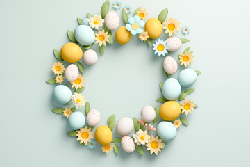 Easter template, mockup, with copy space for text. Easter wreath, beautifully decorated with eggs and flowers.