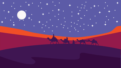 The caravan going through the desert with moon and star,Night Desert, Islamic Background,Landscape Illustration