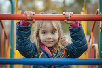 Fototapeta na wymiar Child girl playing on playground equipment in the park