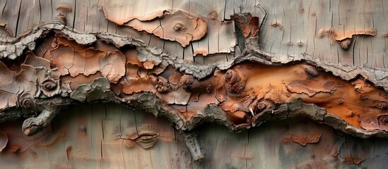 This close-up view showcases a wooden wall with peeling paint, revealing the weathered texture and layers underneath. The peeling paint adds character and a rustic feel to the wall.