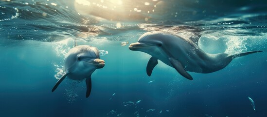 A couple of dolphins can be seen swimming in the ocean, gracefully moving through the waves with playful leaps and dives. One of the dolphins is also using its bottle nose to interact with its