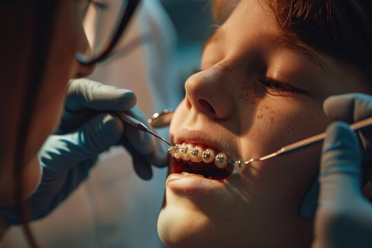 teenage boy getting his dental braces removed by orthodontist at dentist's office
