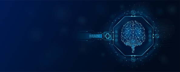 Brain human chip in electronic circuit board microchip processor technology medical. Innovative health care information processing of digital hi tech future. Empty space for text. Banner vector. - obrazy, fototapety, plakaty