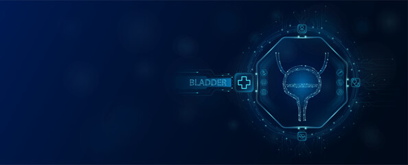 Bladder chip in electronic circuit board microchip processor technology medical. Innovative health care information processing of digital hi tech future. Empty space for text. Banner vector. - obrazy, fototapety, plakaty