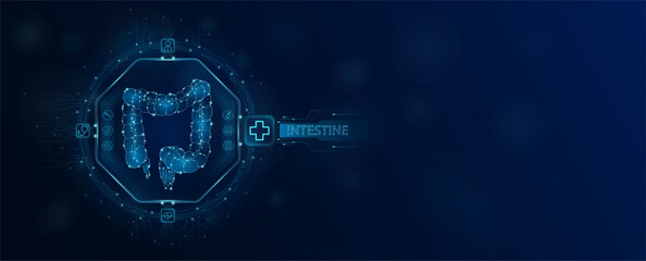 Intestine human chip in electronic circuit board microchip processor technology medical. Innovative health care information processing of digital hi tech future. Empty space for text. Banner vector.