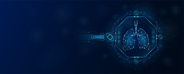 Lung human chip in electronic circuit board microchip processor technology medical. Innovative health care information processing of digital hi tech future. Empty space for text. Banner vector. - obrazy, fototapety, plakaty
