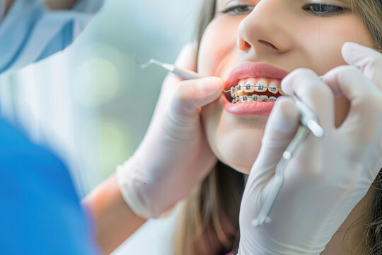 teenage girl getting her dental braces removed by orthodontist at dentist's office