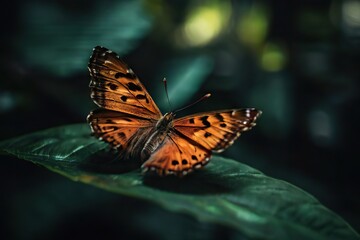 Butterfly on big Leave in a dark cinematic scene.