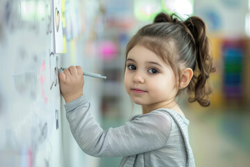Cute little girl in classroom writing something on a whiteboard