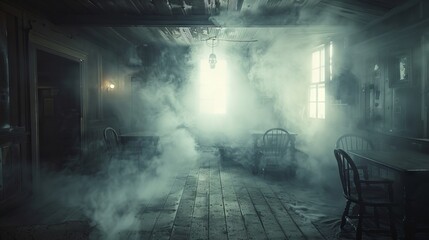 Create a scene of fear and anticipation as ghostly apparitions lurk in the abandoned saloon of a Spaghetti Western landscape