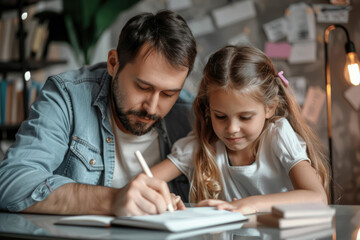 Father helping cute girl daughter to do school homework at home