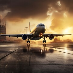 Obraz premium Airplane in the airport at sunset. Travel concept
