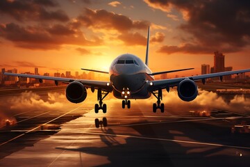 Obraz premium Airplane on the runway at sunset. 3D render. Travel concept.